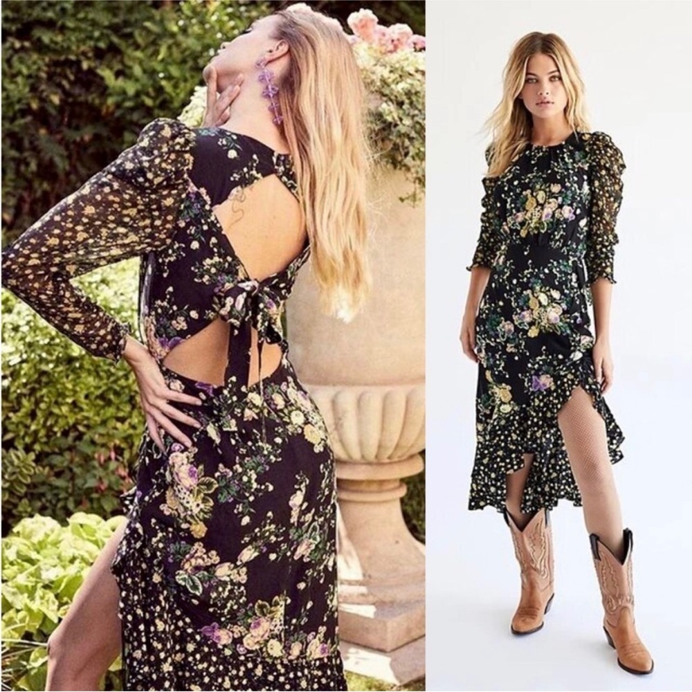 FOR LOVE & LEMONS Floral Long Sleeve Cutout Tie Back Ruched Ruffle Midi Dress